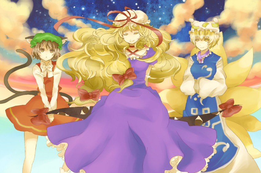 yakumo yukari, yakumo ran, and chen (touhou) drawn by bronne