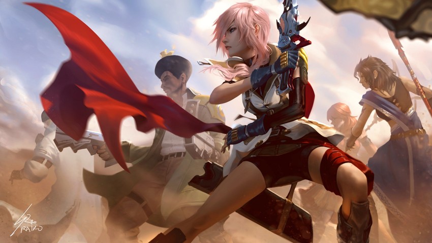 lightning farron, oerba dia vanille, oerba yun fang, snow villiers, and sazh katzroy (final fantasy and 1 more) drawn by raikoart
