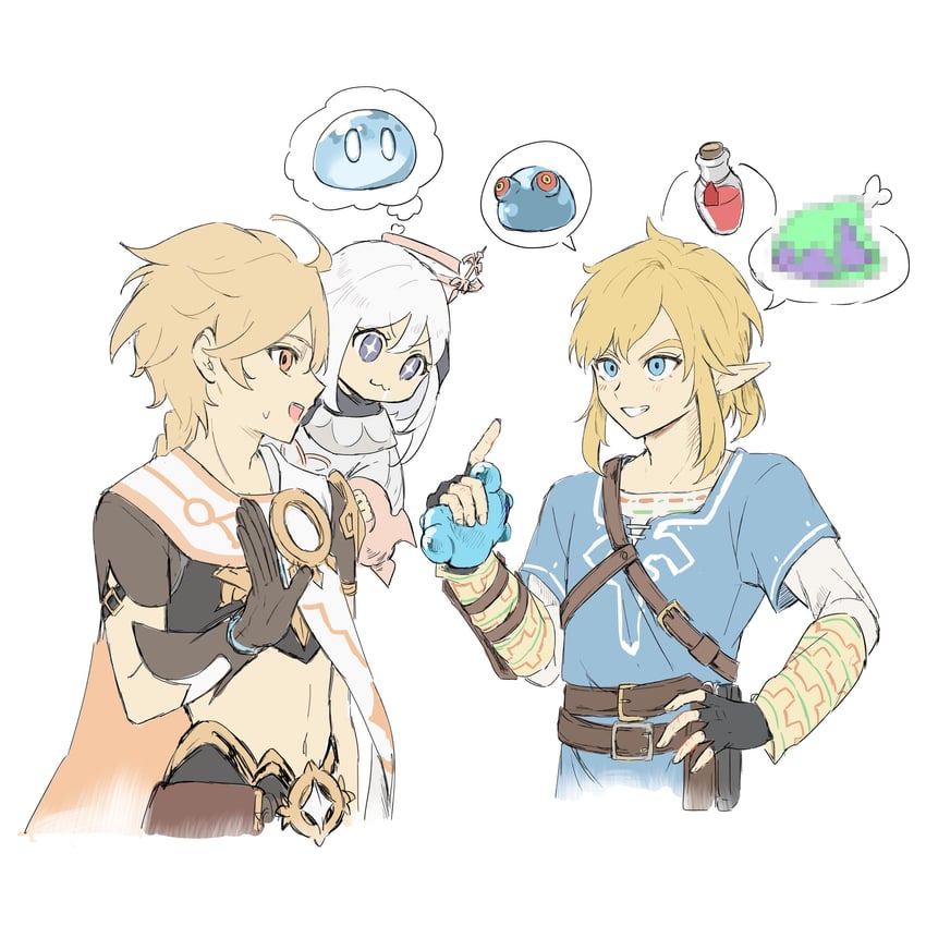 link, aether, and paimon (genshin impact and 2 more) drawn by nihon_no_hentai