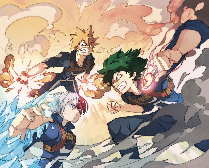 midoriya izuku, bakugou katsuki, and todoroki shoto (boku no hero academia) drawn by rtil