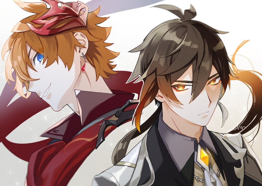 zhongli and tartaglia (genshin impact) drawn by wnhr_gnsn