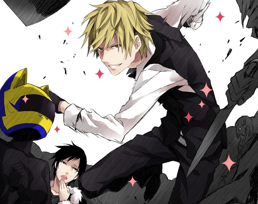 orihara izaya, heiwajima shizuo, and celty sturluson (durarara!!) drawn by kyo_zip