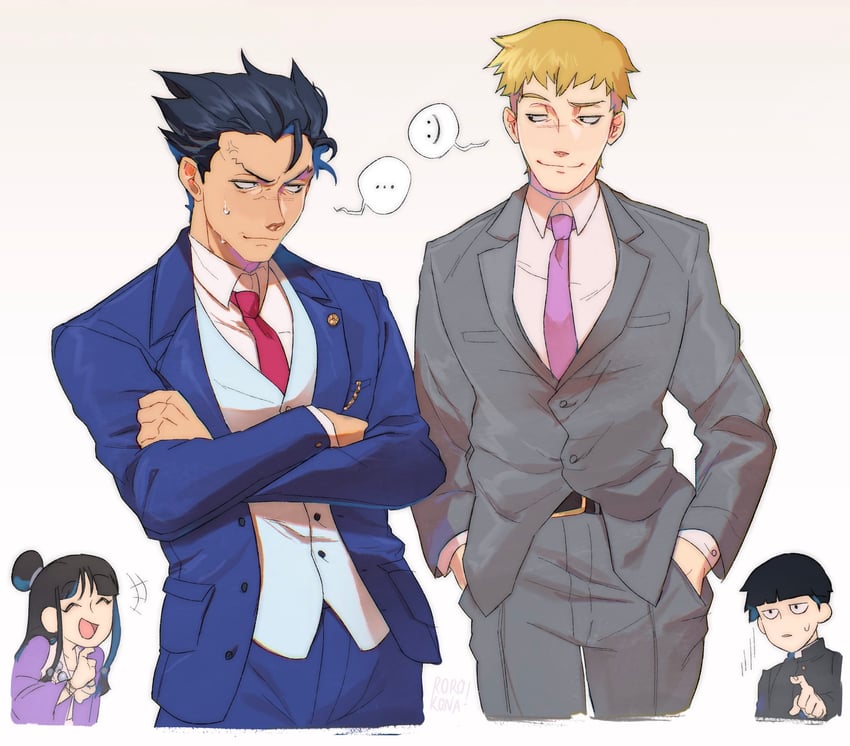 kageyama shigeo, phoenix wright, maya fey, and reigen arataka (ace attorney and 1 more) drawn by rorokonaa