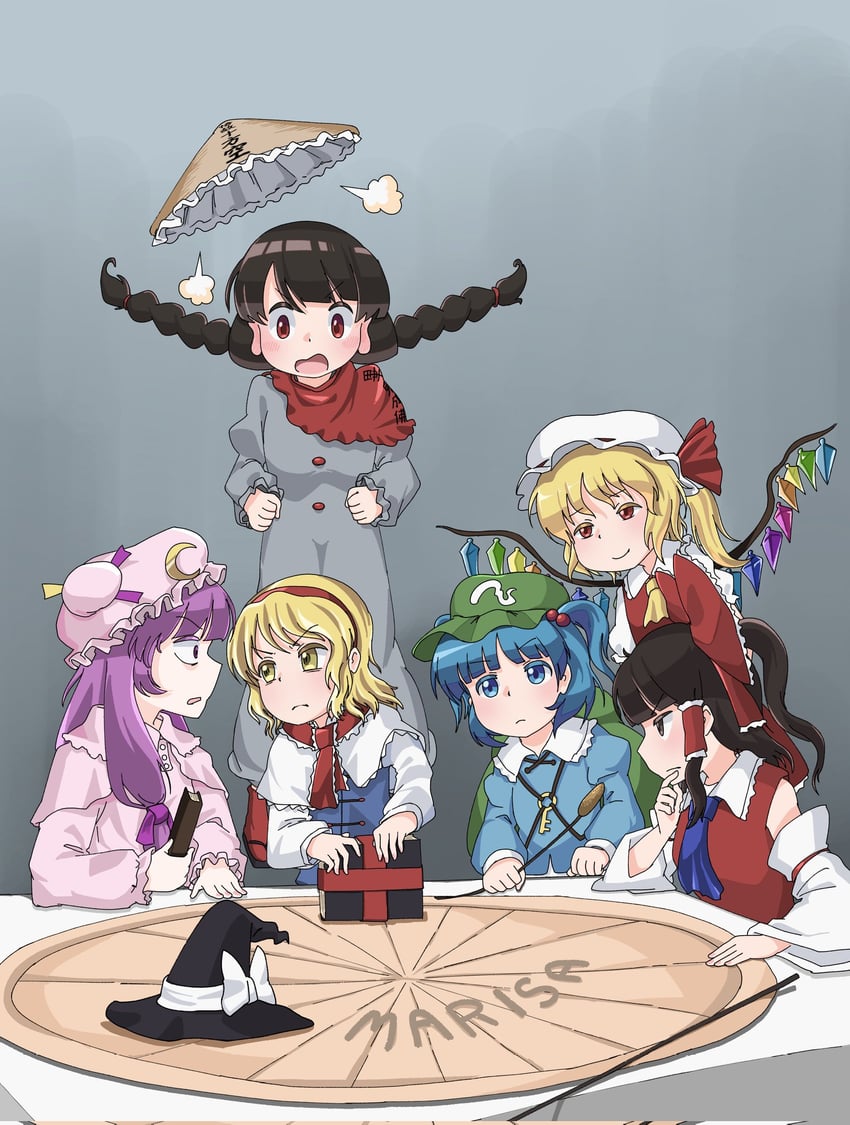 hakurei reimu, flandre scarlet, alice margatroid, patchouli knowledge, kawashiro nitori, and 1 more (touhou) drawn by iruka_no_hito