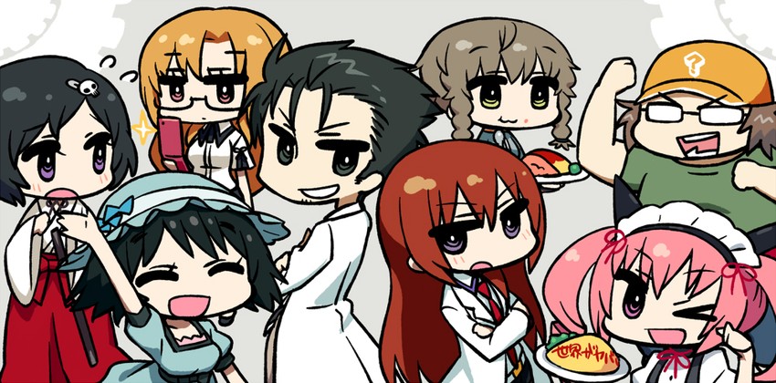 makise kurisu, okabe rintarou, shiina mayuri, amane suzuha, urushibara luka, and 3 more (steins;gate) drawn by chan_co