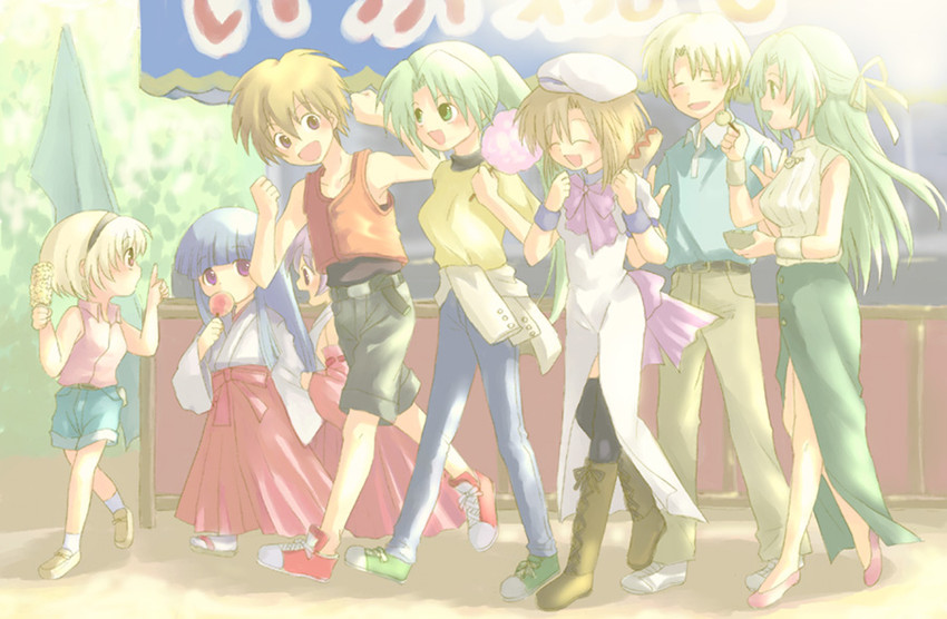 furude rika, ryuuguu rena, houjou satoko, sonozaki mion, hanyuu, and 3 more (higurashi no naku koro ni) drawn by hinata_nonoka