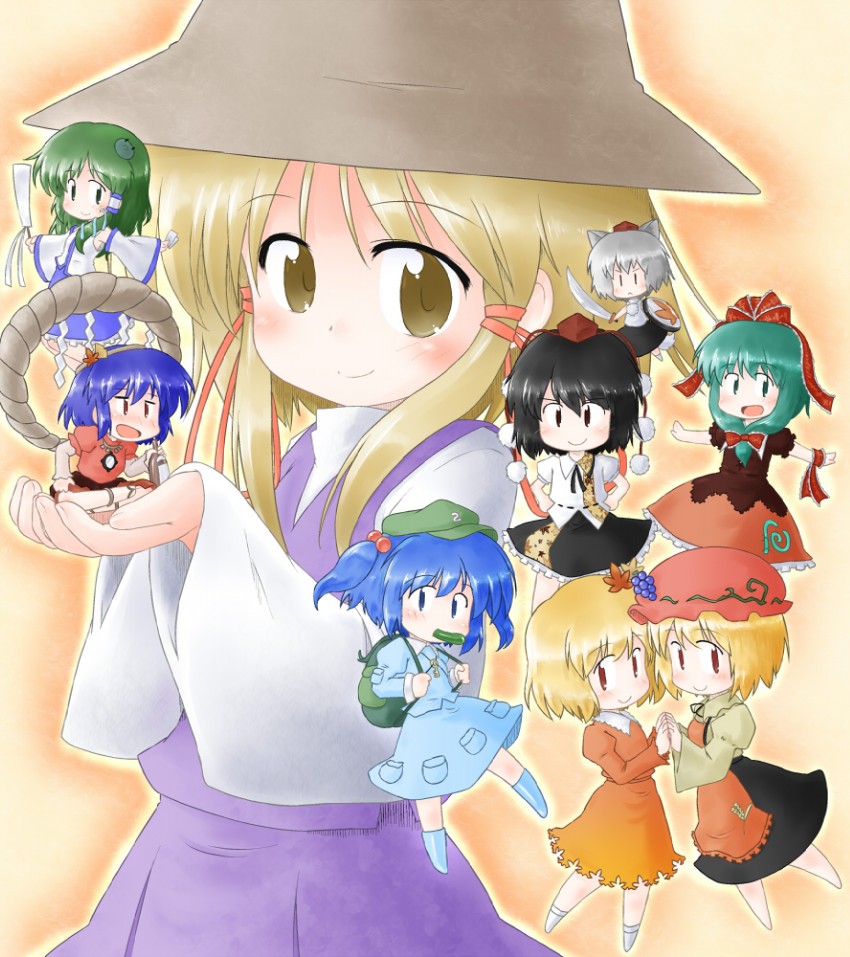 kochiya sanae, shameimaru aya, inubashiri momiji, moriya suwako, kawashiro nitori, and 4 more (touhou and 1 more) drawn by geshopu