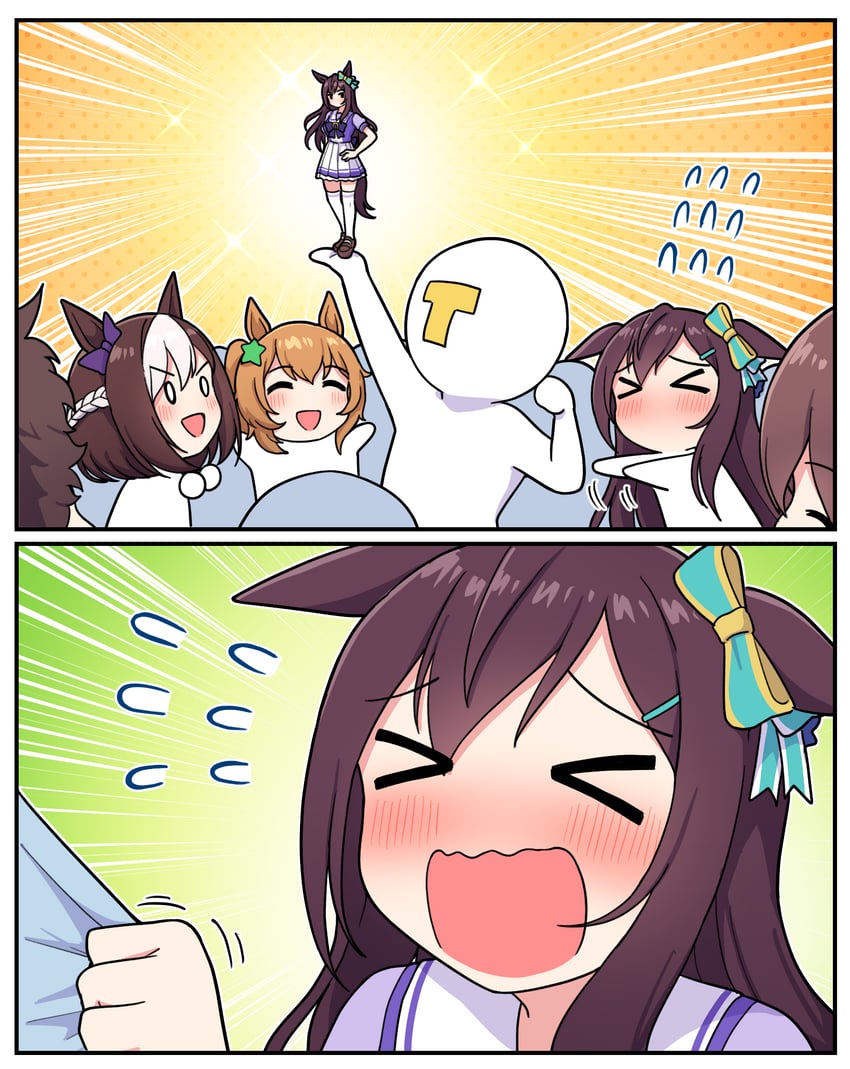 trainer, special week, t-head trainer, mejiro dober, taiki shuttle, and 2 more (umamusume) drawn by takiki