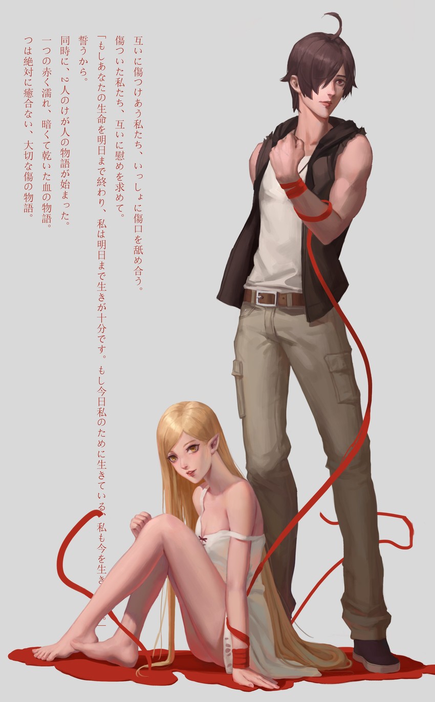 oshino shinobu, araragi koyomi, and kiss-shot acerola-orion heart-under-blade (monogatari) drawn by jolker
