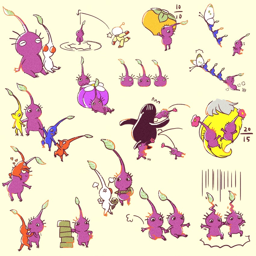 red pikmin, olimar, yellow pikmin, blue pikmin, purple pikmin, and 3 more (pikmin) drawn by fukkatsu_no_maya
