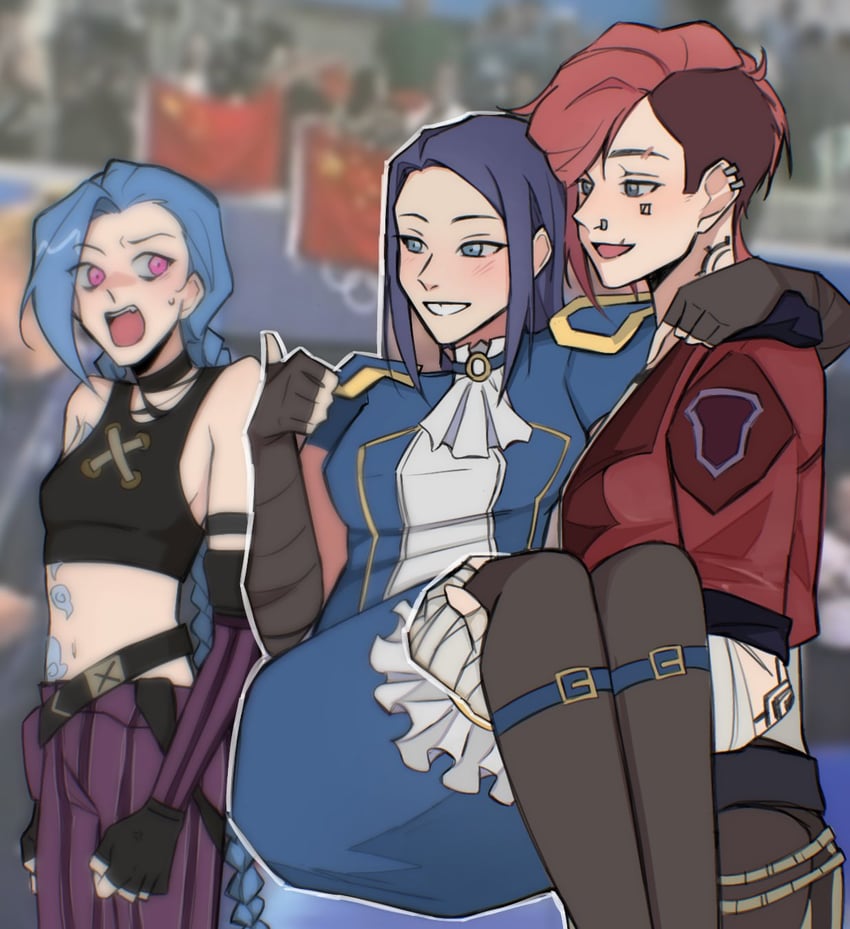 jinx, vi, caitlyn, arcane jinx, arcane vi, and 1 more (league of legends and 1 more) drawn by violnyx