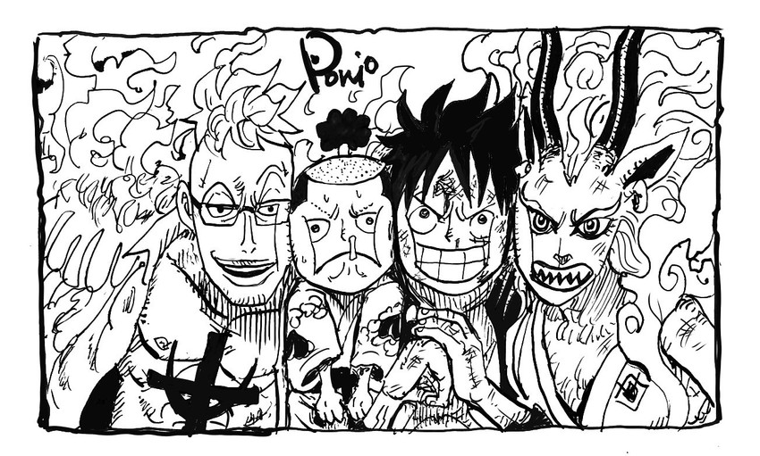 monkey d. luffy, yamato, kouzuki momonosuke, and marco (one piece) drawn by nishiponi