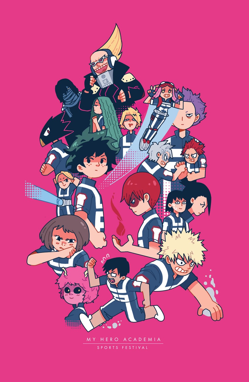 midoriya izuku, bakugou katsuki, uraraka ochaco, todoroki shoto, yaoyorozu momo, and 13 more (boku no hero academia) drawn by byronb