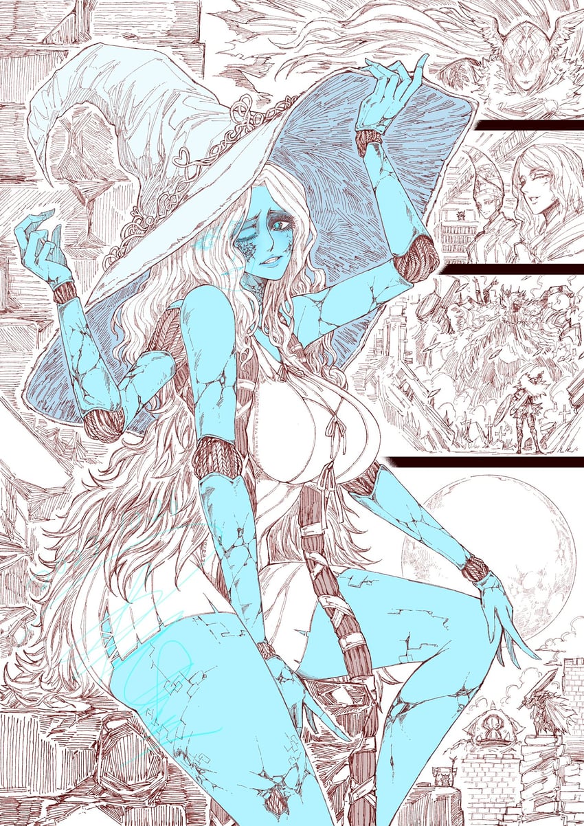 ranni the witch, malenia blade of miquella, tarnished, melina, blaidd the half-wolf, and 2 more (elden ring) drawn by jun_wu_mo