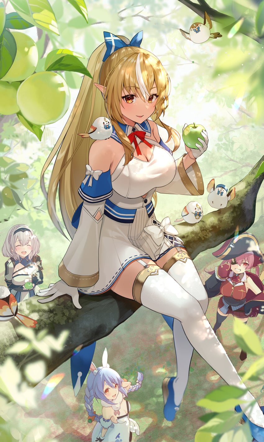 houshou marine, usada pekora, shirogane noel, and shiranui flare (hololive) drawn by pi_tayuko
