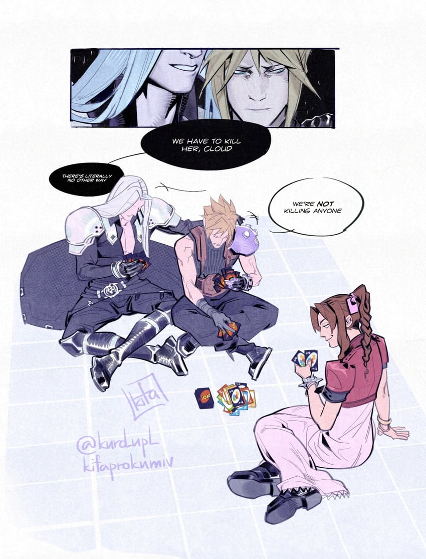 cloud strife, aerith gainsborough, and sephiroth (final fantasy and 1 more) drawn by kurdupl