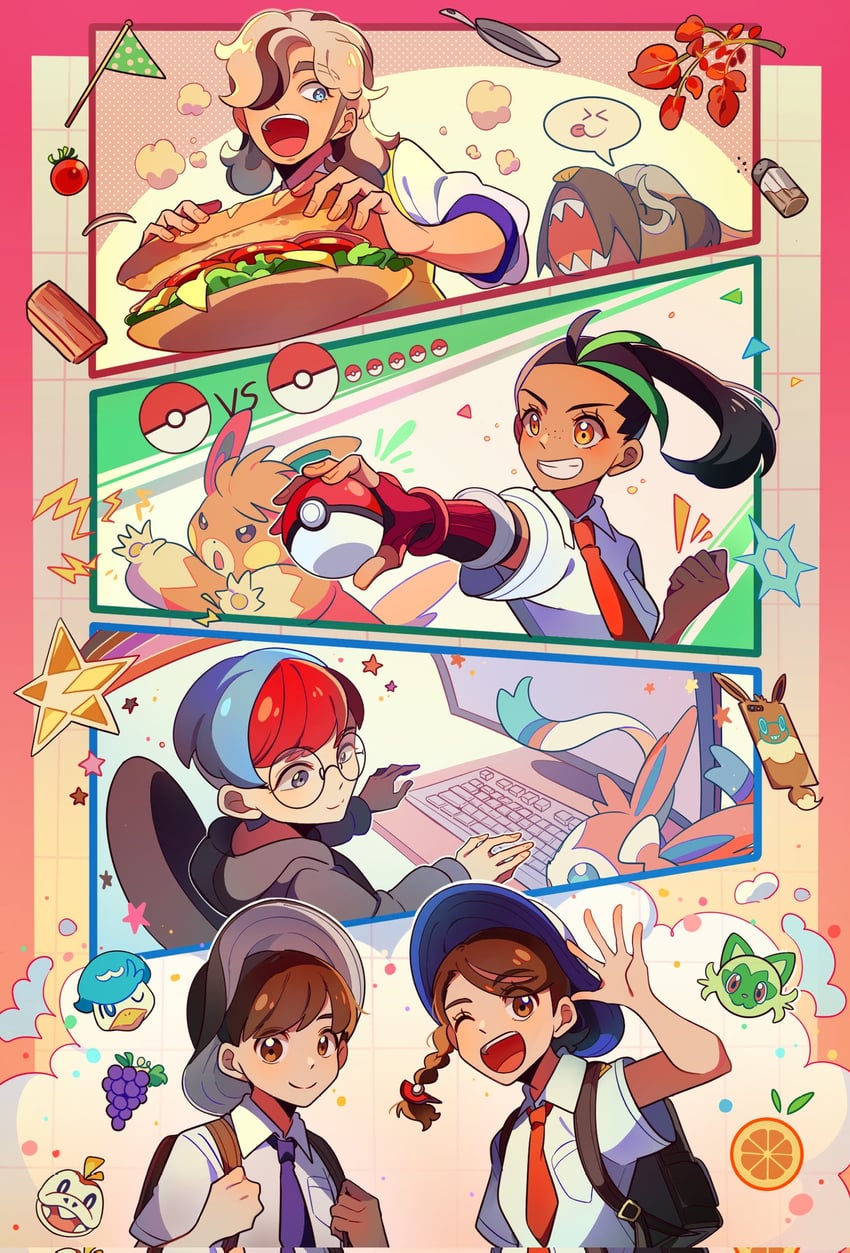 juliana, sylveon, florian, nemona, penny, and 2 more (pokemon and 1 more) drawn by selyg15