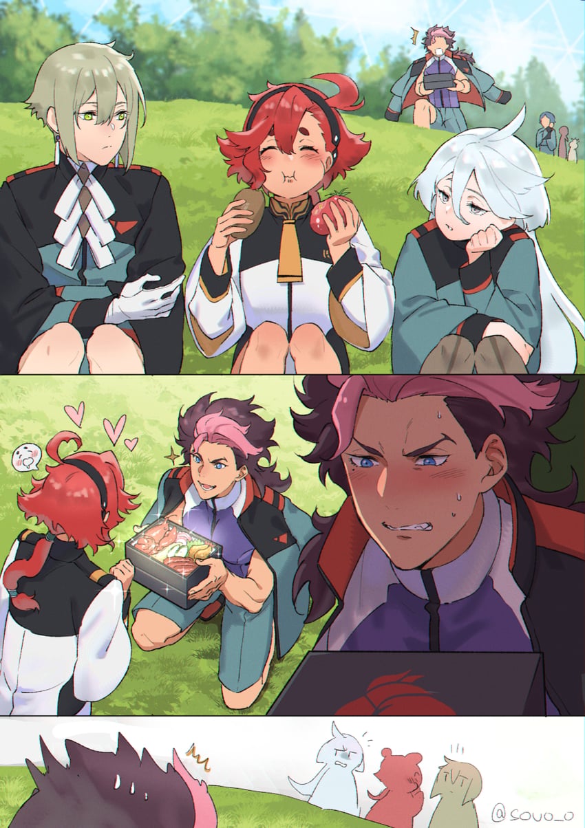 suletta mercury, miorine rembran, guel jeturk, and elan ceres (gundam and 1 more) drawn by soul_(tamashii)