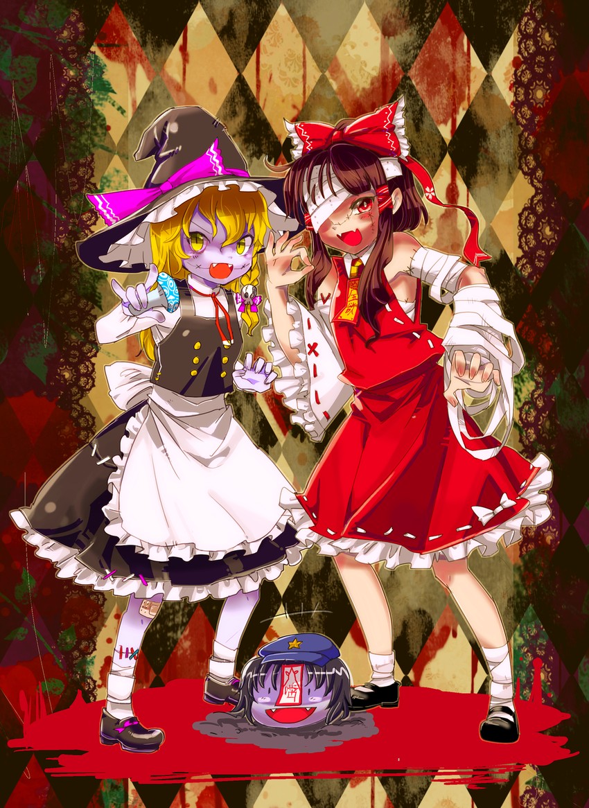 hakurei reimu, kirisame marisa, and miyako yoshika (touhou) drawn by chamaruk