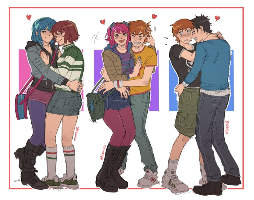 scott pilgrim, wallace wells, ramona flowers, and kim pine (scott pilgrim) drawn by sushiisiu