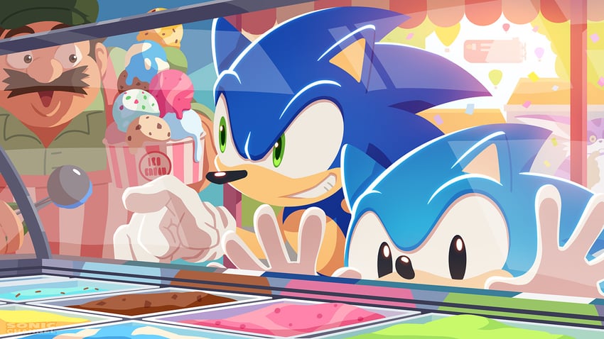 sonic the hedgehog, classic sonic, big the cat, and ice cream vendor (sonic and 2 more) drawn by karasuno_yui