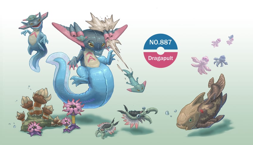 dreepy, dragapult, frillish, relicanth, lileep, and 3 more (pokemon) drawn by chao_xiaopu