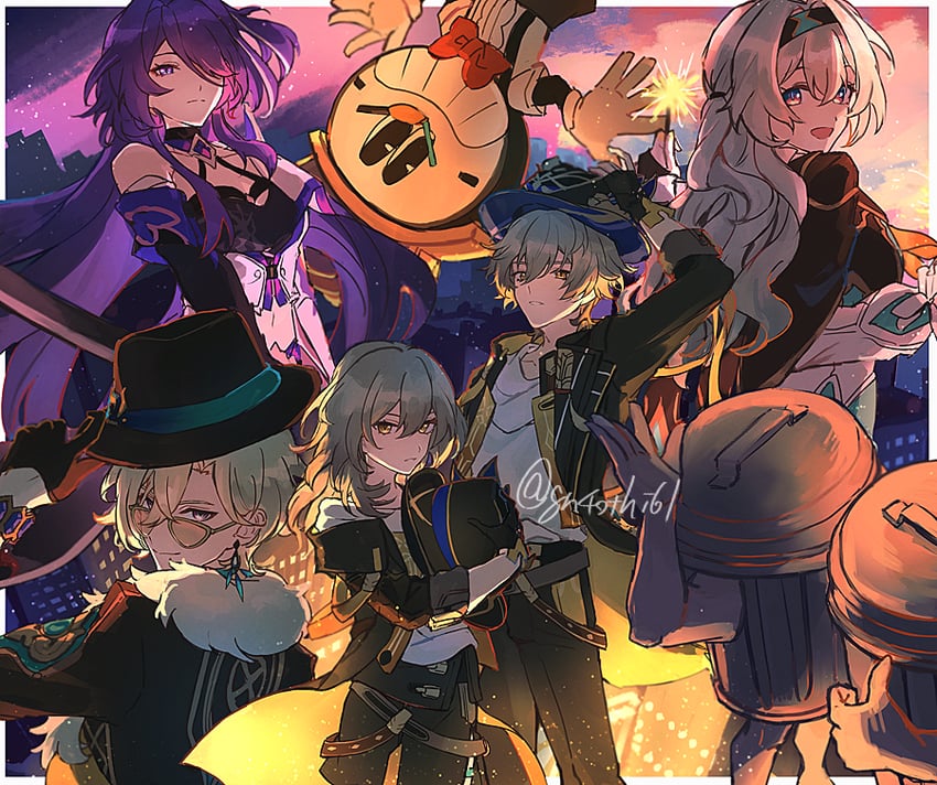 trailblazer, firefly, stelle, acheron, caelus, and 2 more (honkai and 1 more) drawn by suitchi_(gn4othi61)