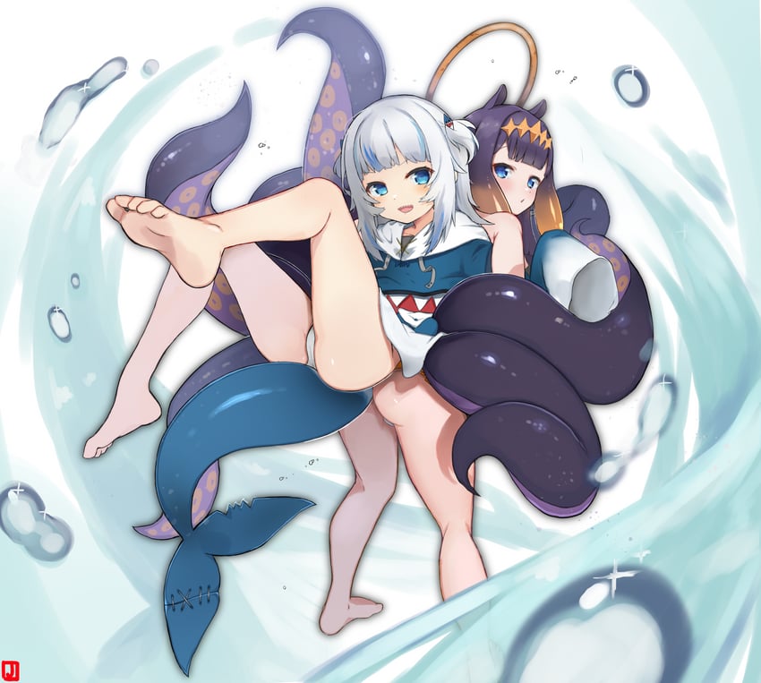 gawr gura and ninomae ina'nis (hololive and 1 more) drawn by johnny_(braun-kan_cafe)