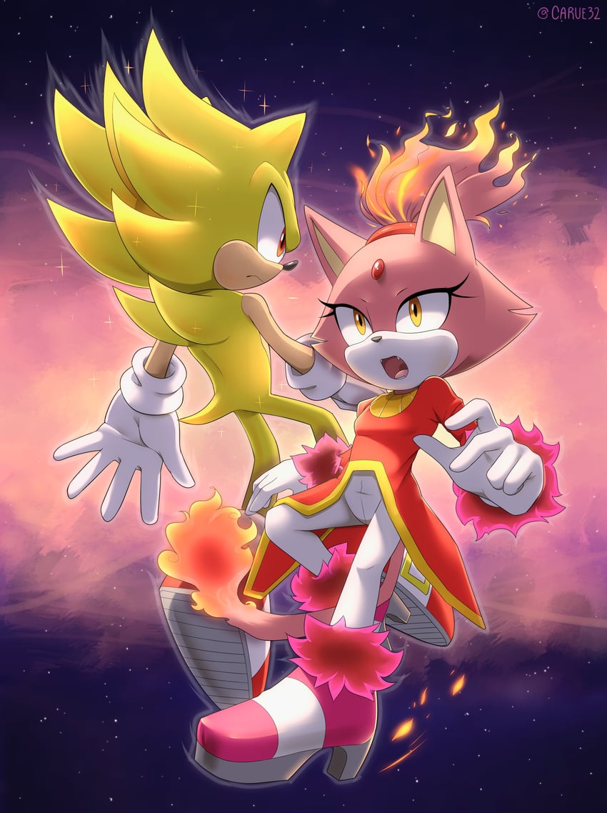 sonic the hedgehog, blaze the cat, super sonic, and burning blaze (sonic) drawn by carue32