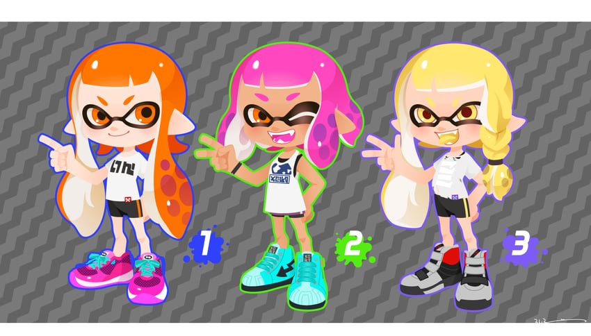 inkling player character, inkling girl, kaori, veronika, and surume (splatoon and 3 more) drawn by yeneny