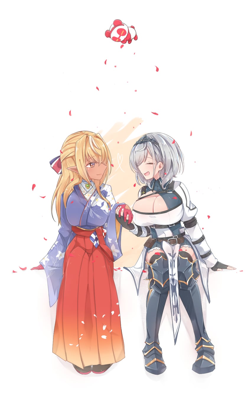 shirogane noel, shiranui flare, and kintsuba (hololive) drawn by starblame