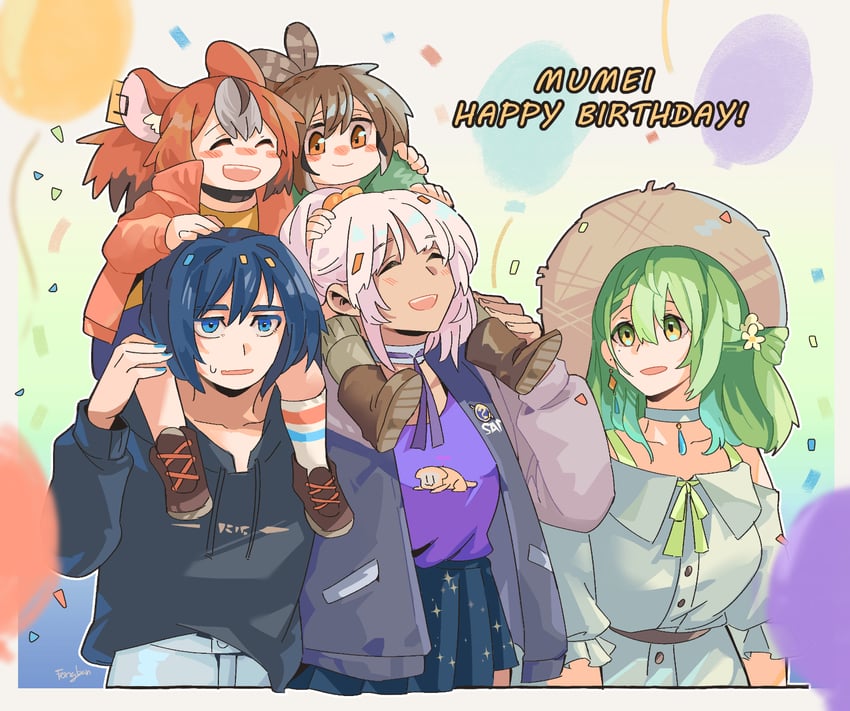 ouro kronii, nanashi mumei, hakos baelz, ceres fauna, tsukumo sana, and 1 more (hololive and 1 more) drawn by fongban_illust