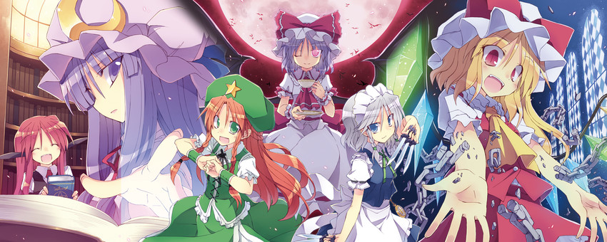 remilia scarlet, flandre scarlet, izayoi sakuya, patchouli knowledge, hong meiling, and 1 more (touhou) drawn by satou_kibi