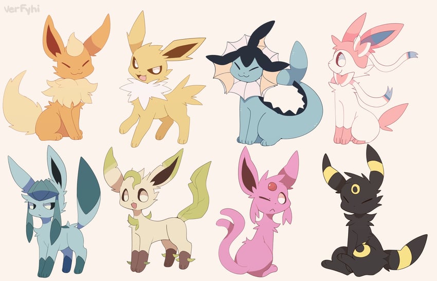 sylveon, umbreon, glaceon, vaporeon, espeon, and 3 more (pokemon) drawn by verfyhi