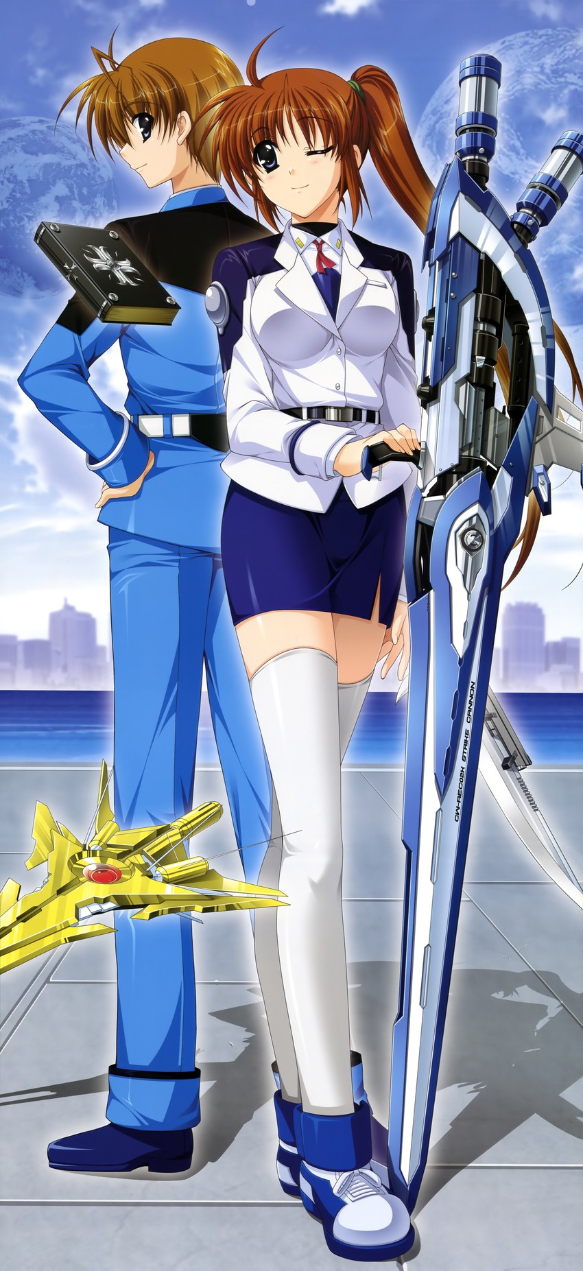 takamachi nanoha, raising heart, strike cannon, thoma avenir, bible of silver cross, and 1 more (lyrical nanoha and 3 more) drawn by higa_yukari