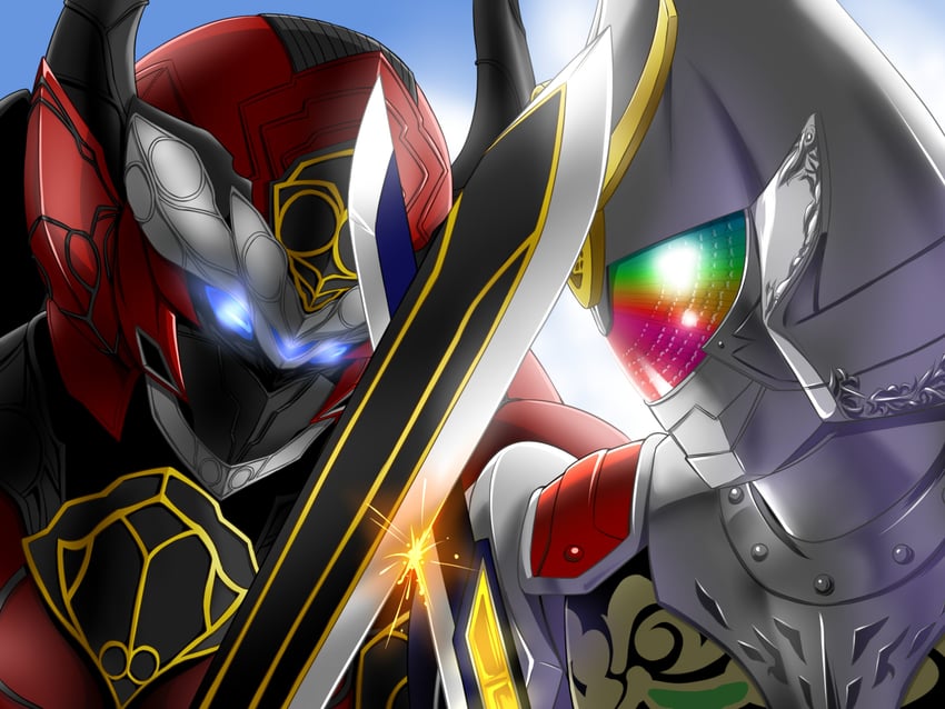 kamen rider gaim, kumon kaito, and lord baron (kamen rider and 1 more) drawn by kouga_(hipporit)