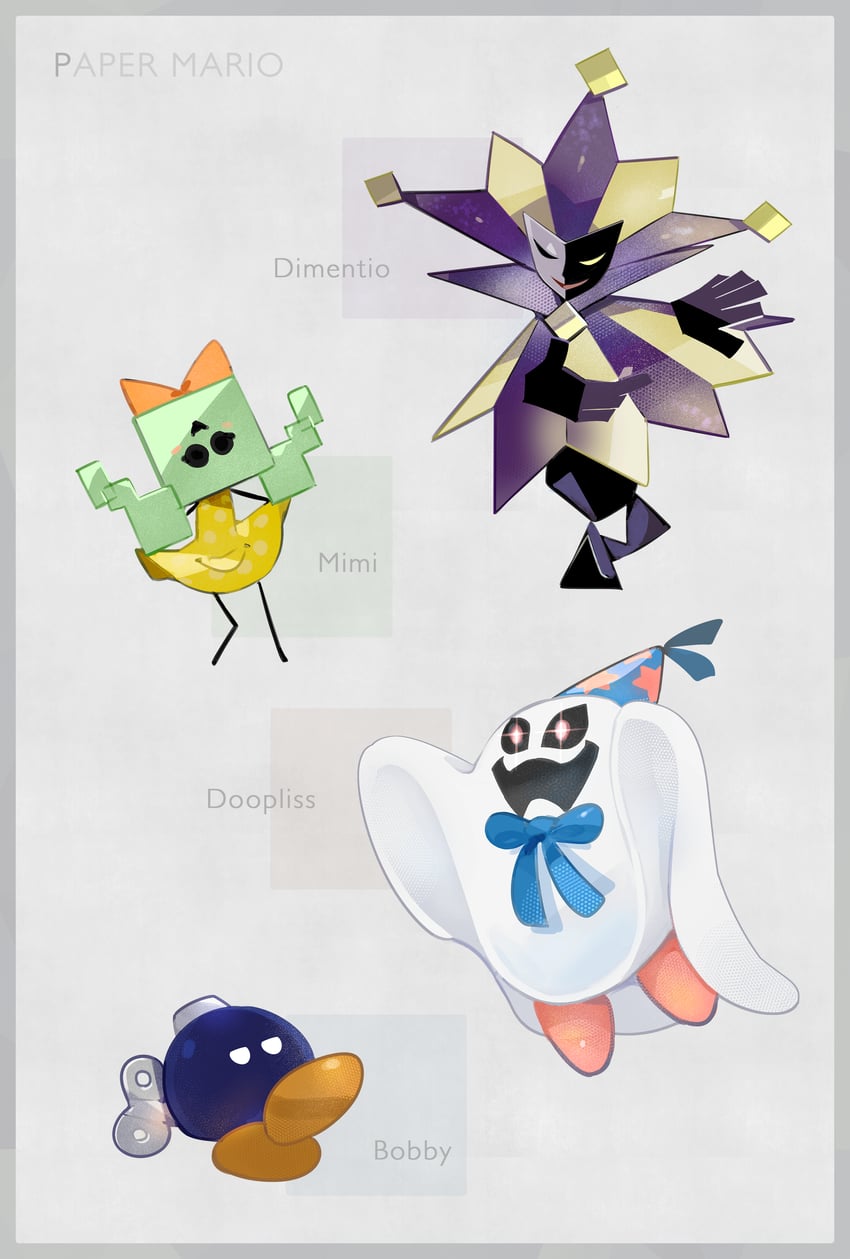 doopliss, bobby, mimi, and dimentio (mario and 4 more) drawn by higuchi_megumi