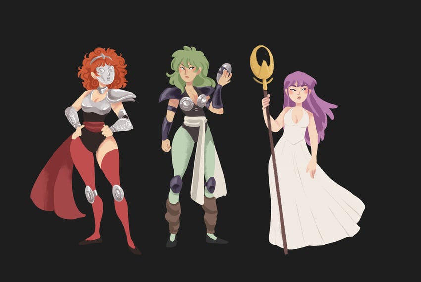 kido saori, athena, aquila marin, and ophiuchus shaina (saint seiya) drawn by ameliecausse