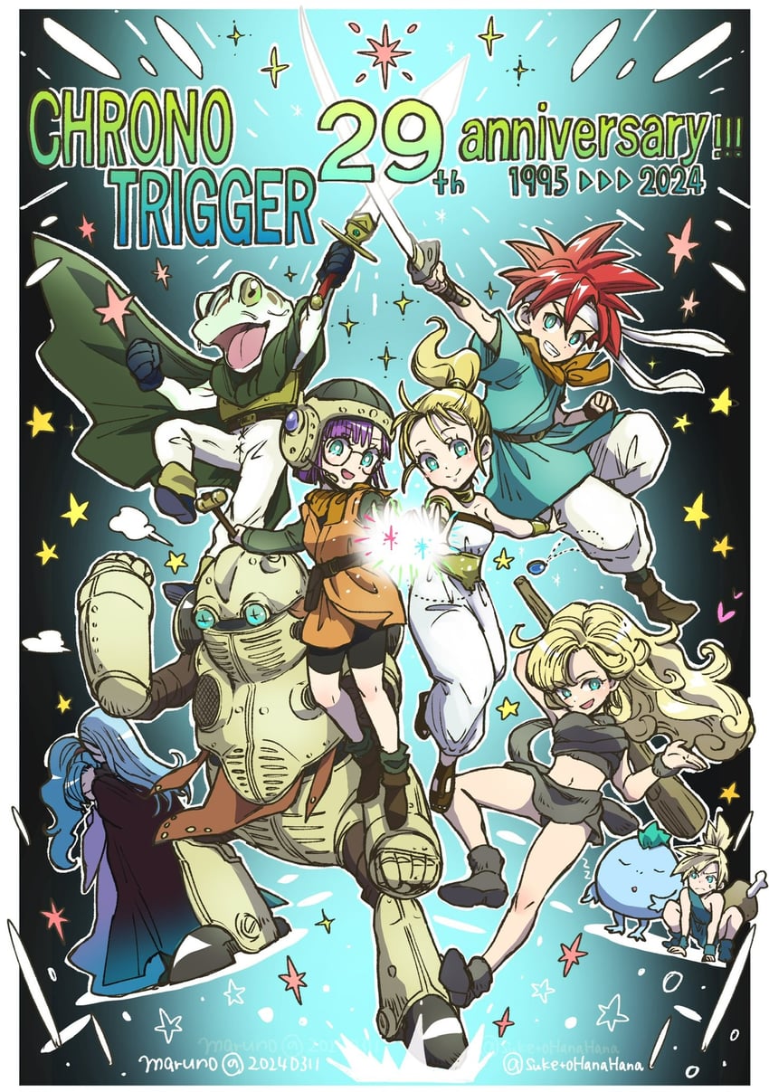 lucca ashtear, crono, marle, ayla, frog, and 5 more (chrono trigger) drawn by maruno