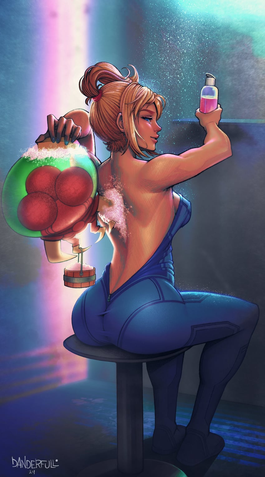 samus aran, metroid, and metroid larva (metroid) drawn by danderfull