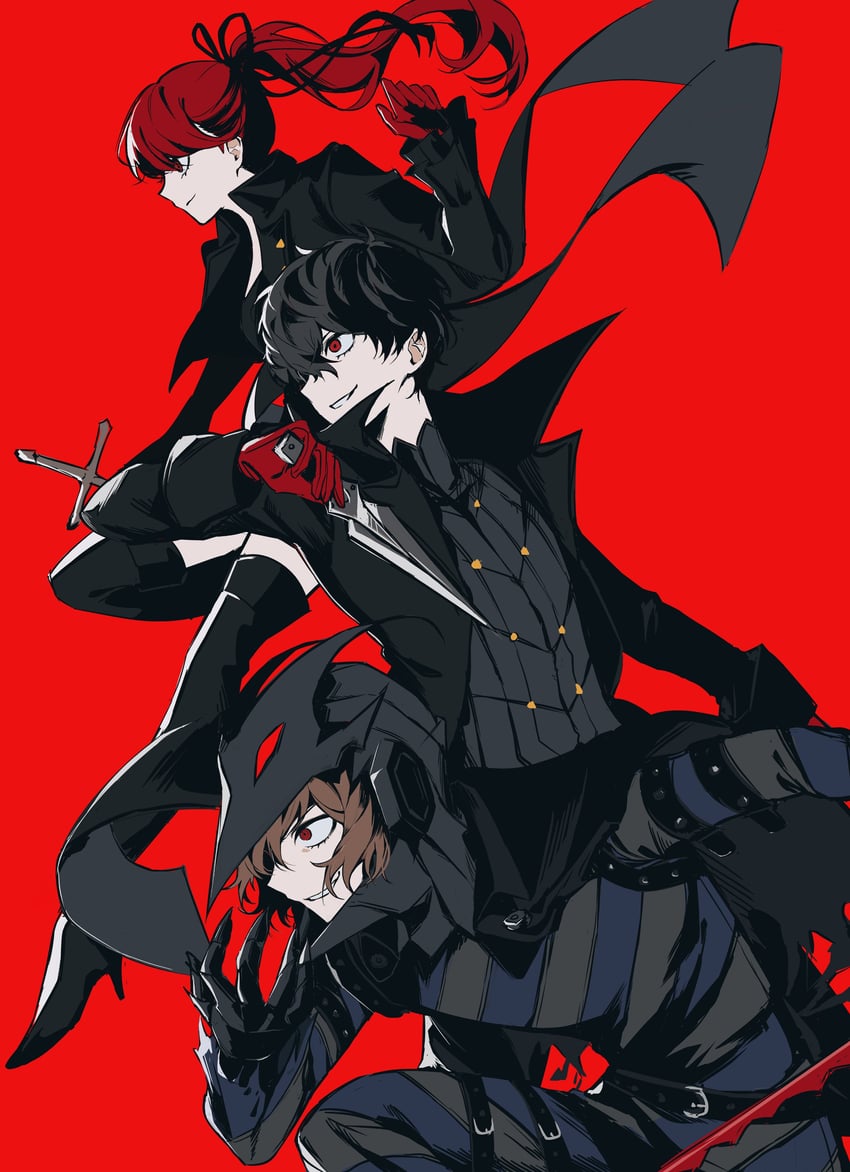 amamiya ren, yoshizawa kasumi, akechi gorou, joker, violet, and 1 more (persona and 2 more) drawn by mnce_o