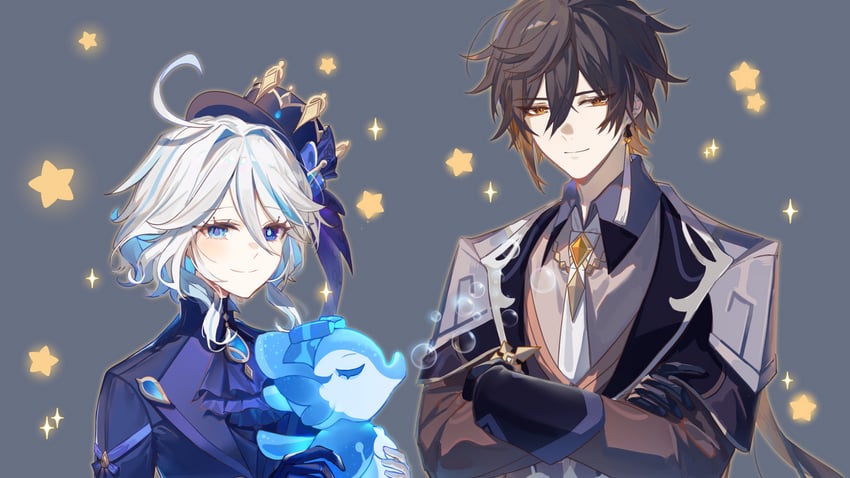 furina, zhongli, and surintendante chevalmarin (genshin impact) drawn by sp0i0ppp