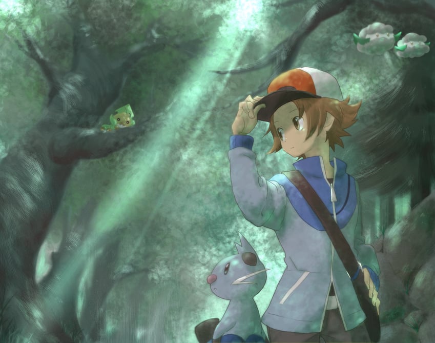hilbert, cottonee, sewaddle, and dewott (pokemon and 1 more) drawn by okiza_yuuri