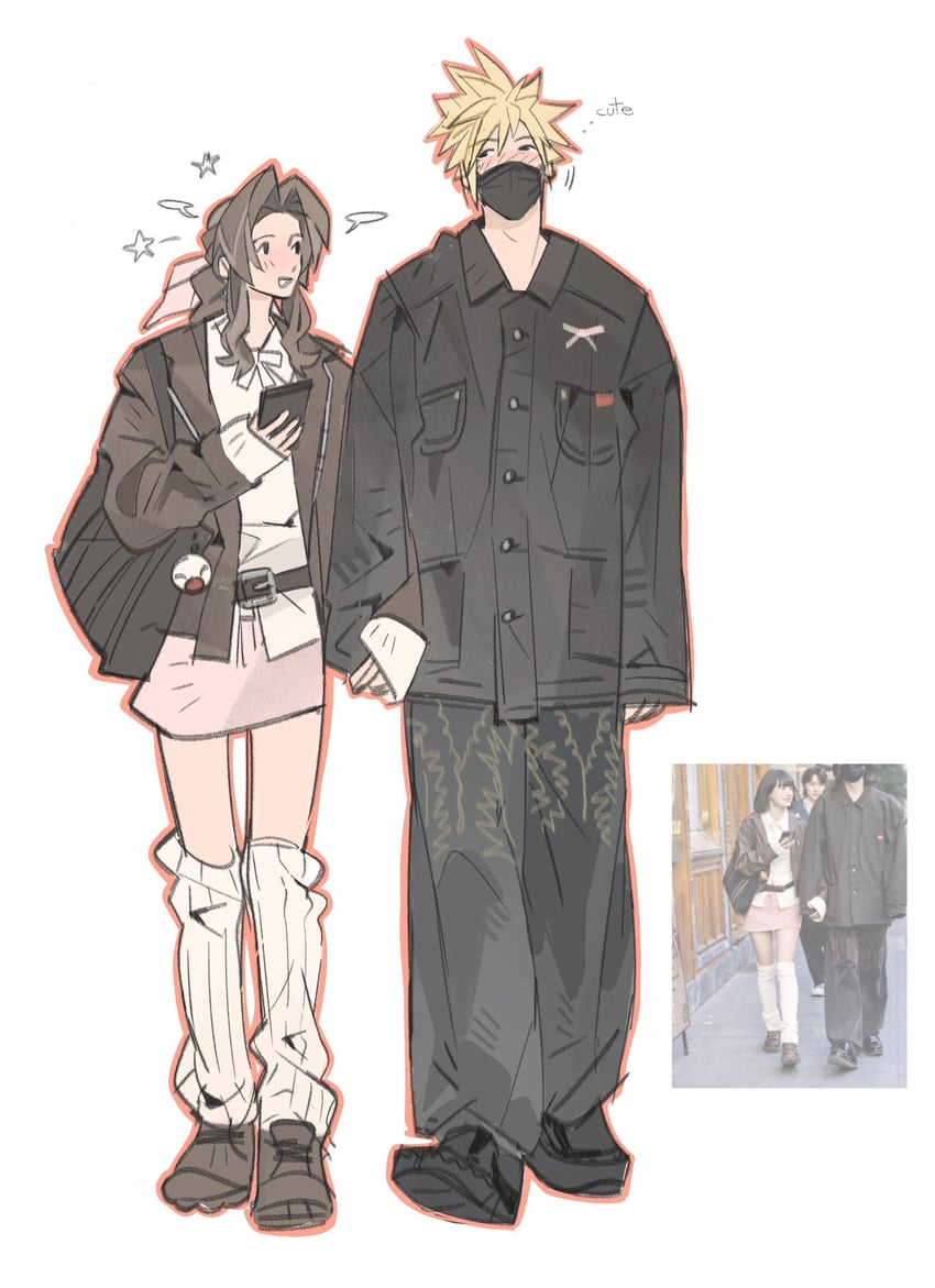 cloud strife, aerith gainsborough, and moogle (final fantasy and 1 more) drawn by mmmckayyy
