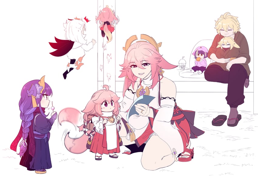 raiden shogun, aether, yae miko, paimon, and kujou sara (genshin impact) drawn by aepuru_arts