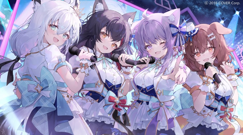 shirakami fubuki, nekomata okayu, ookami mio, and inugami korone (hololive) drawn by shiohana
