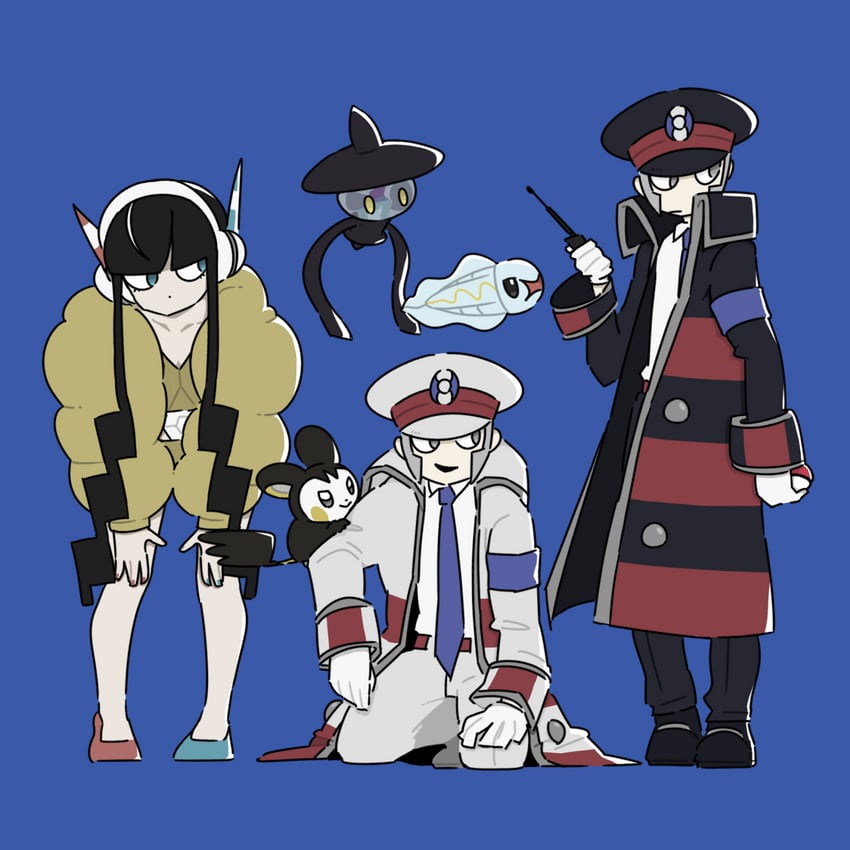 elesa, ingo, emmet, emolga, lampent, and 1 more (pokemon and 2 more) drawn by tokiwa_(mojya-mojya100)