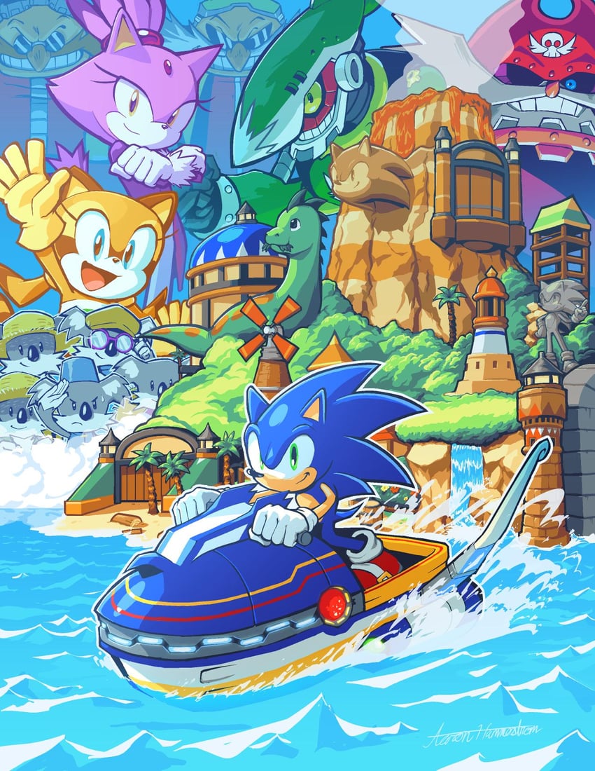 sonic the hedgehog, blaze the cat, dr. eggman, marine the raccoon, eggman nega, and 9 more (sonic and 1 more) drawn by virtanderson
