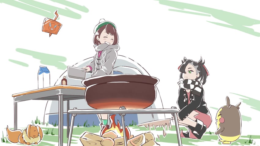 marnie, gloria, eevee, rotom, rotom phone, and 1 more (pokemon and 1 more) drawn by sirokuma