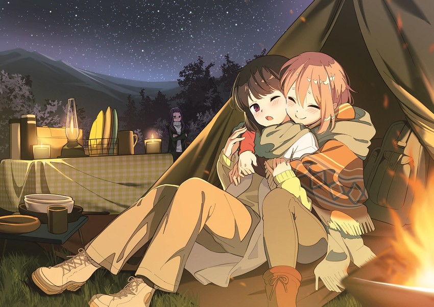 shima rin, kagamihara nadeshiko, and kagamihara sakura (yurucamp) drawn by ichimi_renge